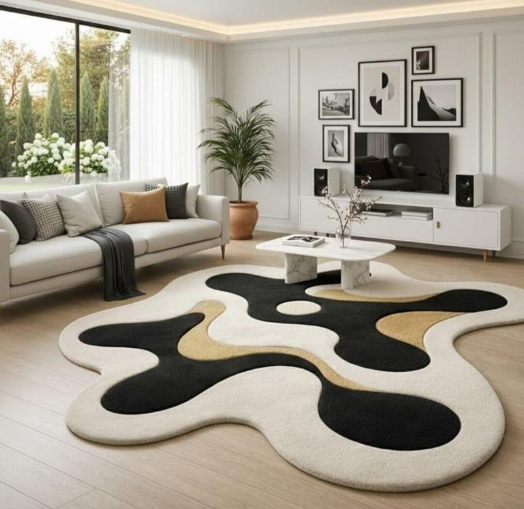 Hand-tufted Wool Area Rug, Organic Abstract Design, Black Ivory Beige ...