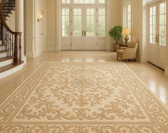 Elegant beige vloerkleed met bloemen – Klassiek traditioneel tapijt voor woonkamer, hal en hal