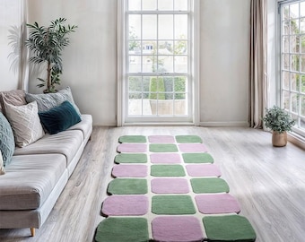 Pastel Checker Runner Rug Pink & Green Soft Grid Carpet with Unique Rounded Edges