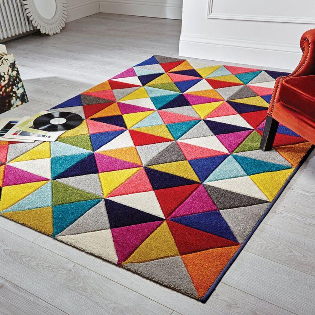 Handmade Tufted Area Rug, Colorful Geometric Triangle Pattern, Boho ...