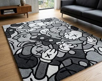 Op KAWS geïnspireerd tapijt, zwart wit vloerkleed, handgetuft modern tapijt, street art tapijt, eigentijds woonkamerdecor