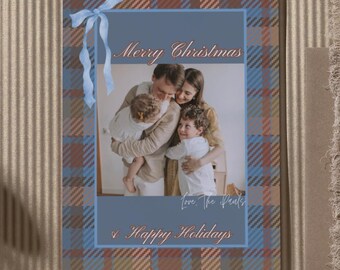 Editable Christmas photo card- Brown plaid Canva card template