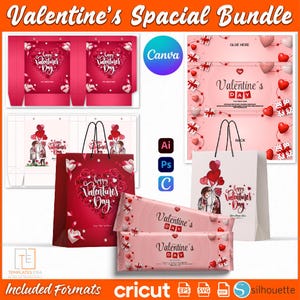 May include: A Valentine's Day bundle featuring various templates. Includes red and white gift bags, candy bar wrappers, and box designs. The designs feature hearts, couples, and the text "Happy Valentine's Day". Includes formats for Cricut, EPS, SVG, PDF, and Silhouette.