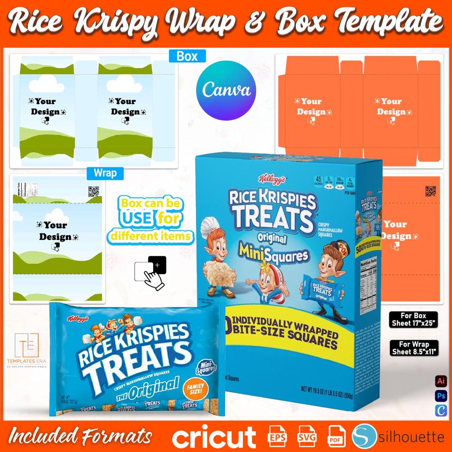 Teplate Rice Box Rice Krispies Wrap and Box, Krispy Rice Wrap Template, Rice Krispies ...