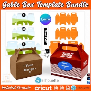 May include: A template bundle for gable boxes, featuring various sizes and designs. Includes a brown box with "Your Design +" text, a red box with "Made Fresh Just For You" text, and diagrams for different box sizes. Includes "Canva" and "Silhouette" logos.