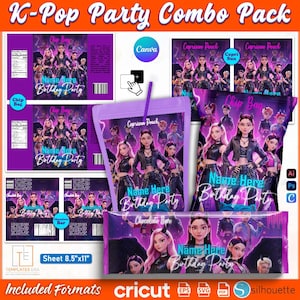 Może przedstawiać: Zestaw imprezowy K-Pop z różnymi wzorami na upominki. Zestaw zawiera torebki na chipsy, saszetki Capri Sun i opakowania po batonach czekoladowych. Każdy element ma żywy design z ilustracjami grup K-Pop i tekstem "Name Here Birthday Party."