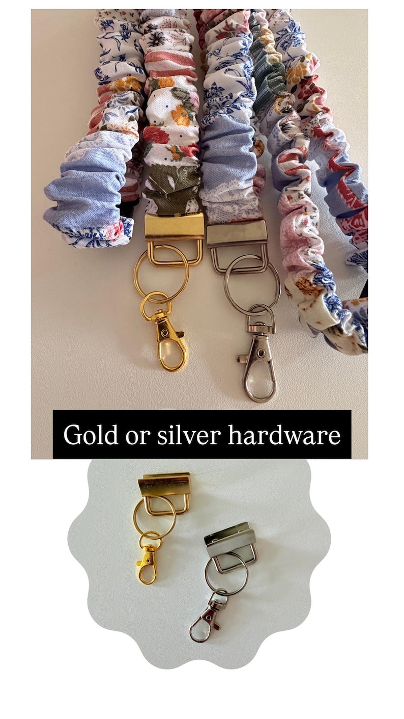 May include: Several fabric lanyards featuring floral and patterned designs in blue, pink, and white. Each lanyard includes a metal clasp and ring, available with either gold or silver hardware. The text "Gold or silver hardware" is visible.
