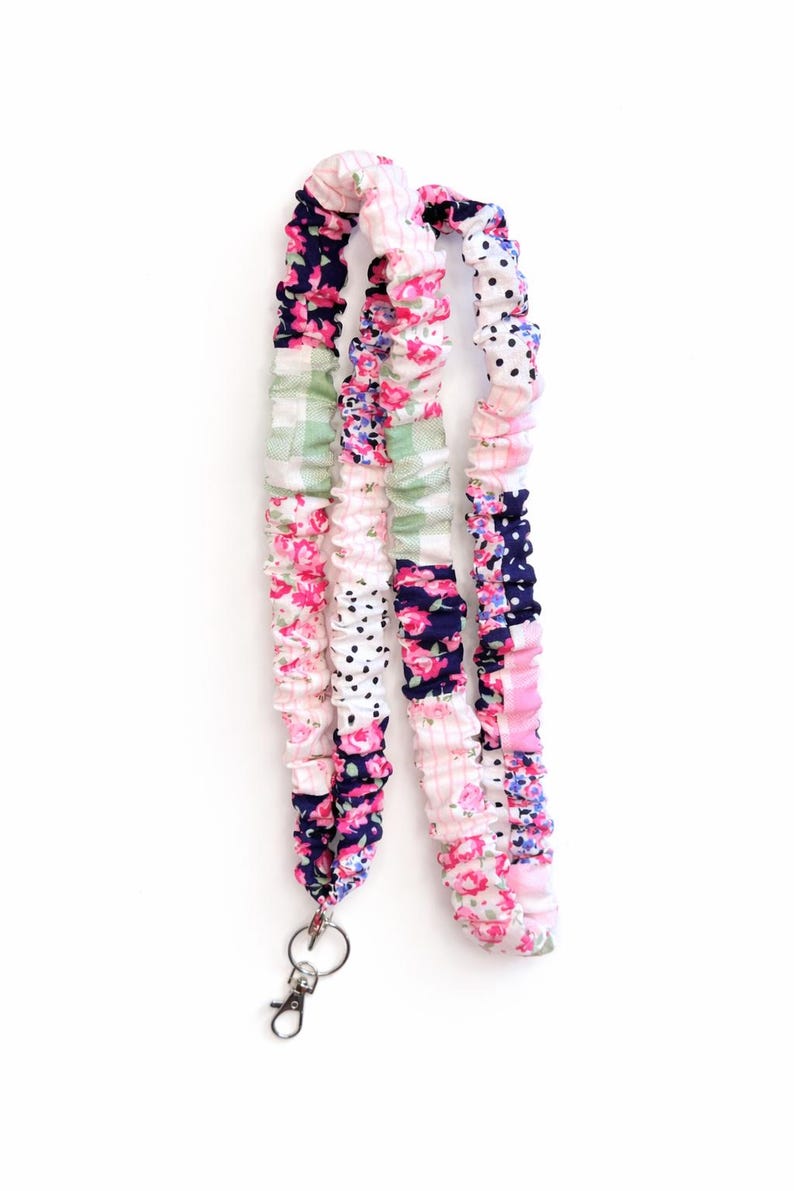 Floral Patchwork Pink/Navy/Sage Scrunchie Lanyard (Optional Breakaway Clasp) image 1