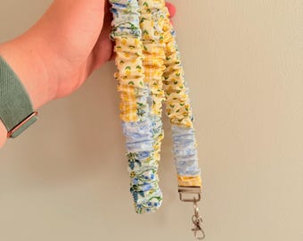 Floral Patchwork Yelllow/Blue Scrunchie Lanyard (Optional Breakaway Clasp)