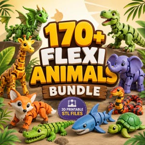Puede incluir: Una colección de figuras de animales articuladas que incluye un dragón verde, una jirafa, un zorro, un cocodrilo, un T-Rex, un elefante, una serpiente, un tiburón y una tortuga. Se muestra el texto 170+ FLEXI ANIMALS BUNDLE y 3D PRINTABLE STL FILES.
