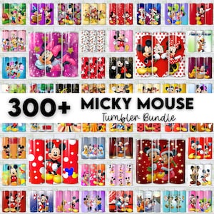 May include: A collection of over 300 Mickey Mouse-themed tumblers. The tumblers feature various designs, including Mickey and Minnie Mouse, in a variety of colors and patterns. The text "300+ MICKY MOUSE Tumbler Bundle" is displayed.