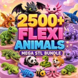 May include: A collection of articulated animal figures including a black dragon, pink axolotl, blue shark, green dinosaur, crocodile, panda, snake, bee, octopus, and turtle. The central text reads 2500+ FLEXI ANIMALS MEGA STL BUNDLE.