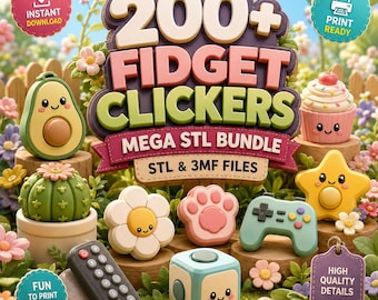 Może przedstawiać: Grafika cyfrowa z tekstem 200+ FIDGET CLICKERS MEGA STL BUNDLE STL & 3MF FILES. Obraz przedstawia różne zabawki typu fidget do druku 3D, w tym awokado, kaktusa, babeczkę, kwiatek, łapkę, kontroler do gier, gwiazdkę oraz pilot zdalnego sterowania.