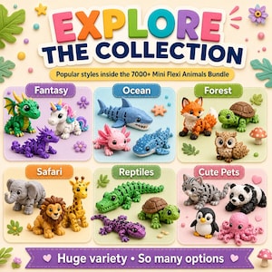 Może przedstawiać: Kolekcja ponad 7000 elastycznych figurek zwierząt podzielona na sześć kategorii: Fantasy, Ocean, Forest, Safari, Reptiles i Cute Pets. Obraz przedstawia kolorowe, ruchome plastikowe stworzenia, w tym smoki, rekiny, lisy i słonie.