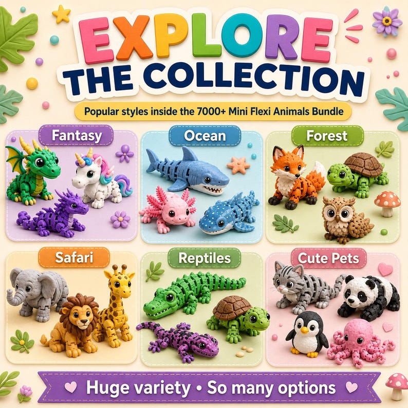 Może przedstawiać: Kolekcja ponad 7000 elastycznych figurek zwierząt podzielona na sześć kategorii: Fantasy, Ocean, Forest, Safari, Reptiles i Cute Pets. Obraz przedstawia kolorowe, ruchome plastikowe stworzenia, w tym smoki, rekiny, lisy i słonie.