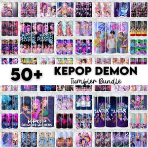 May include: A collection of over 50 K-Pop-themed tumblers, featuring various designs with vibrant colors and graphics. The tumblers showcase images of anime-style characters and text that reads "KPOP DEMON HUNTERS" and "HUNTRX". The text "50+ KEPPOP DEMON Tumbler Bundle" is also visible.