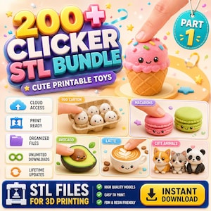 May include: A digital bundle of 200+ 3D printable STL files for toys, featuring images of a pink ice cream cone, egg carton, macarons, avocado, latte, and small animals. The graphic includes text labels like CLOUD ACCESS and INSTANT DOWNLOAD.