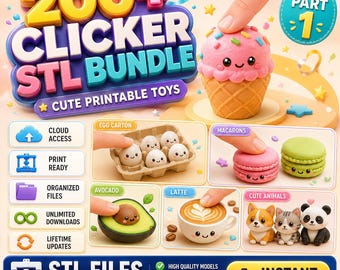 May include: A digital bundle of 200+ 3D printable STL files for toys, featuring images of a pink ice cream cone, egg carton, macarons, avocado, latte, and small animals. The graphic includes text labels like CLOUD ACCESS and INSTANT DOWNLOAD.