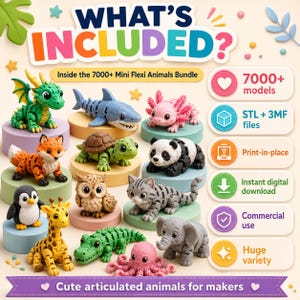 Może przedstawiać: Cyfrowa reklama pakietu zatytułowana WHAT'S INCLUDED? zawierająca 7000+ Mini Flexi Animals. Obraz przedstawia r&oacute;żne ruchome figurki zwierząt wydrukowane w 3D, w tym smoka, rekina, aksolotla, ż&oacute;łwia, pandę, lisa, sowę, kota, pingwina, żyrafę, krokodyla, słonia i ośmiornicę.