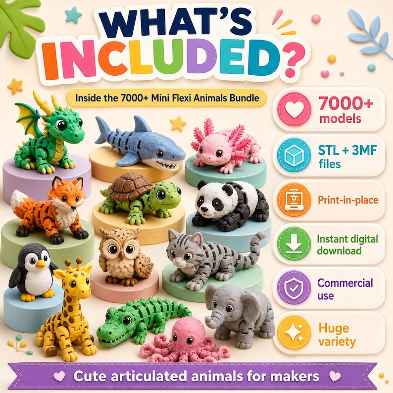 Może przedstawiać: Cyfrowa reklama pakietu zatytułowana WHAT'S INCLUDED? zawierająca 7000+ Mini Flexi Animals. Obraz przedstawia r&oacute;żne ruchome figurki zwierząt wydrukowane w 3D, w tym smoka, rekina, aksolotla, ż&oacute;łwia, pandę, lisa, sowę, kota, pingwina, żyrafę, krokodyla, słonia i ośmiornicę.