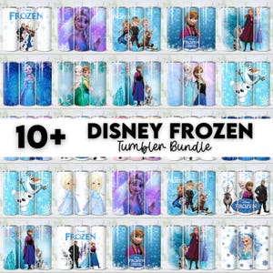 May include: A collection of Disney Frozen-themed tumblers. The tumblers feature various characters and scenes from the movie, with designs in shades of blue, purple, and white. The text "10+ DISNEY FROZEN Tumbler Bundle" is displayed.