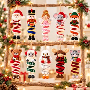 10 Häkelanleitungen für spiralförmige Weihnachtsornamente, Weihnachtsmann, Nussknacker, Fee, Maus und Fuchs (PDF), Amigurumi-Weihnachtsdeko-Set