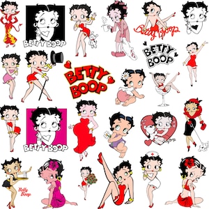 May include: A collection of Betty Boop cartoon character images in various poses and outfits. The images feature Betty Boop in red, pink, and black dresses, with some holding flowers or accessories. The Betty Boop logo is also present.