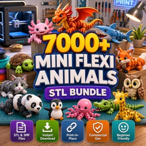 May include: A collection of 3D printed articulated animal figures including a dragon, shark, turtle, cat, panda, penguin, octopus, crocodile, giraffe, and owl. The central text reads 7000+ MINI FLEXI ANIMALS STL BUNDLE, with icons for STL files, instant download, and commercial use.