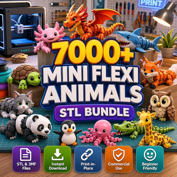 7000+ Mini Flexi Animals STL Bundle  Articulated Print-in-Place Models (Commercial Use)
