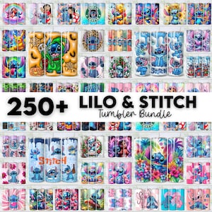 May include: A display of over 250 Lilo & Stitch themed tumblers. The tumblers showcase diverse designs, including Stitch in various poses, Halloween themes, and floral patterns. The text "250+ Lilo & Stitch Tumbler Bundle" is visible.