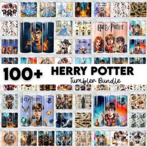 May include: A collection of Harry Potter-themed tumblers, featuring various characters and scenes from the series. The tumblers showcase vibrant colors and detailed artwork, with the text "100+ HERRY POTTER Tumbler Bundle" prominently displayed.