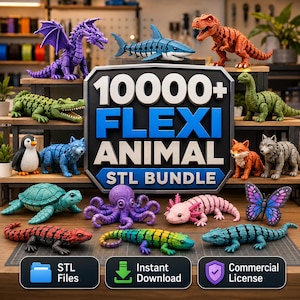 May include: A collection of articulated 3D printed animal figures including a purple dragon, blue shark, orange T-Rex, green crocodile, penguin, blue wolf, green dinosaur, fox, gray wolf, turtle, octopus, axolotl, butterfly, and lizards with text 10000+ FLEXI ANIMAL STL BUNDLE.