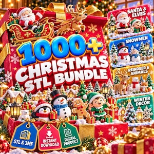 Pode incluir: Um pacote de produtos digitais com mais de 1000 arquivos STL de Natal, exibido em uma grande caixa de presente vermelha com um trenó do Papai Noel, boneco de neve, pinguim, boneco de gengibre e elfo. Inclui etiquetas para várias categorias.