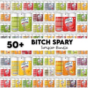 May include: A collection of over 50 tumblers with various fruit and beverage designs. The tumblers are arranged on shelves, with the text "Bitch Spary Tumbler Bundle" and "50+" visible. The tumblers have a cylindrical shape and are decorated with colorful graphics.