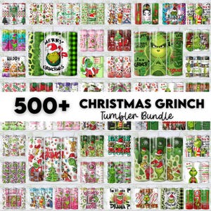 Puede incluir: Una colección de vasos con temática navideña con el personaje de Grinch. Los vasos muestran varios diseños, incluyendo el Grinch con un gorro de Papá Noel, árboles de Navidad y patrones festivos. La imagen incluye el texto "500+ Christmas Grinch Tumbler Bundle."
