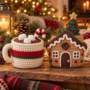 Könnte beinhalten: Ein gehäkelter Tassenwärmer mit rot-grünem Streifenmuster, drei weißen Marshmallows und einer rot-weißen Zuckerstange sowie ein gehäkelter Lebkuchenhaus-Korb mit einem grünen Tannenbaum und einem gelben Stern als Verzierung.