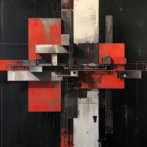 May include: Abstract geometric artwork with a black background, featuring red, white, and gray rectangular shapes. The composition includes linear elements and textured paint strokes, creating a modern, industrial aesthetic.