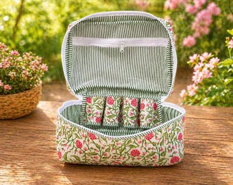 Estuche de tocador acolchado bordado, neceser grande de algodón con estampado floral, organizador de cosméticos con estampado de bloques, neceser de viaje, estuche de belleza hecho a mano