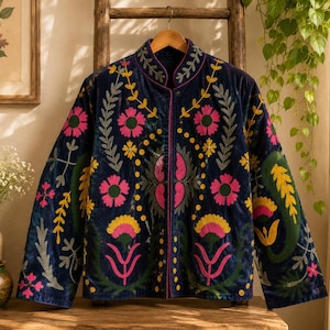 Love Embroidered Velvet Suzanne Jacket For Women Winter Wear Coat Handmade Traditional Bohemian Artisan Outerwear Short Coat Gift For Love