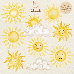 May include: A collection of watercolour illustrations featuring yellow suns and white clouds. The suns have different designs, some with smiling faces. The text "Sun and Clouds" is at the top, with additional text in the top right corner.