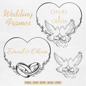 Pode incluir: Molduras de casamento em preto e branco com pombas, anéis e os nomes "David & Olivia". As palavras "Wedding Frames" estão em escrita dourada. Formatos: PNG, DXF, EPS, SVG e PDF.