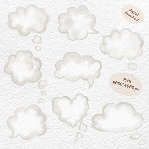 Puede incluir: Burbujas de pensamiento estilo acuarela en varias formas, incluyendo diseños de nubes y corazones. Las burbujas son en tonos de blanco y gris, con una apariencia texturizada. La imagen incluye el texto "digital download" y "PNG 4000*4000 px".