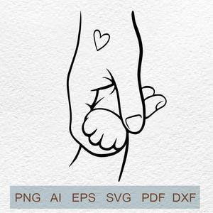 Könnte beinhalten: Eine Schwarz-Weiß-Strichzeichnung von zwei Händen, die sich gegenseitig halten. Die größere Hand hat ein Herz darauf gezeichnet. Die kleinere Hand hält die größere Hand. Der untere Teil des Bildes enthält den Text: PNG AI EPS SVG PDF DXF.