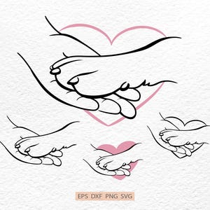 May include: Black line art illustration of hands holding each other, with a pink heart shape in the background. Additional smaller illustrations of hands and hearts are also present. The image includes the text "EPS DXF PNG SVG".