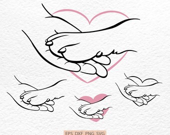 Pata de perro, mano humana en corazón PNG SVG, perro Svg, pata de perro dibujada a mano, pata de perro, corazón Svg, pata de perro, arte lineal de perro, impresión de pata y mano humana