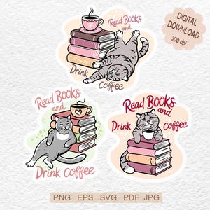 Może przedstawiać: Cyfrowe pobieranie trzech naklejek z kotami, książkami i kawą. Naklejki zawierają tekst "Read Books and Drink Coffee". Koty są szare i białe, a książki w odcieniach różu i brązu.