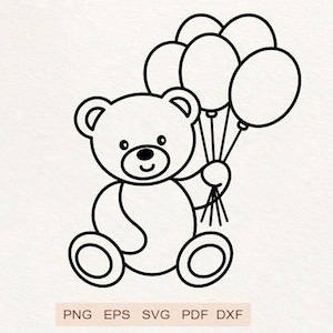 Söt nallebjörn med ballonger SVG – Babyshower Clipart, väggkonst för barnrum, födelsedagsdesign för barn, konturbjörn PNG EPS
