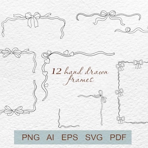 Pode incluir: Uma coleção de 12 molduras desenhadas à mão em tinta preta, com laços e fitas. As molduras variam em forma e tamanho, algumas com detalhes de coração. O texto na parte inferior diz "PNG AI EPS SVG PDF".