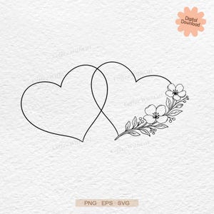 May include: A black and white digital line art illustration featuring two interlocking hearts. The right heart is adorned with a delicate floral branch with leaves and small berries. The image includes the text Digital Download and PNG EPS SVG.