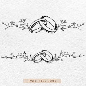 May include: Two black and white line art illustrations featuring interlocking wedding rings centered within horizontal floral branches. The design includes delicate stems, leaves, and small blossoms extending outward. The text PNG EPS SVG appears at the bottom.